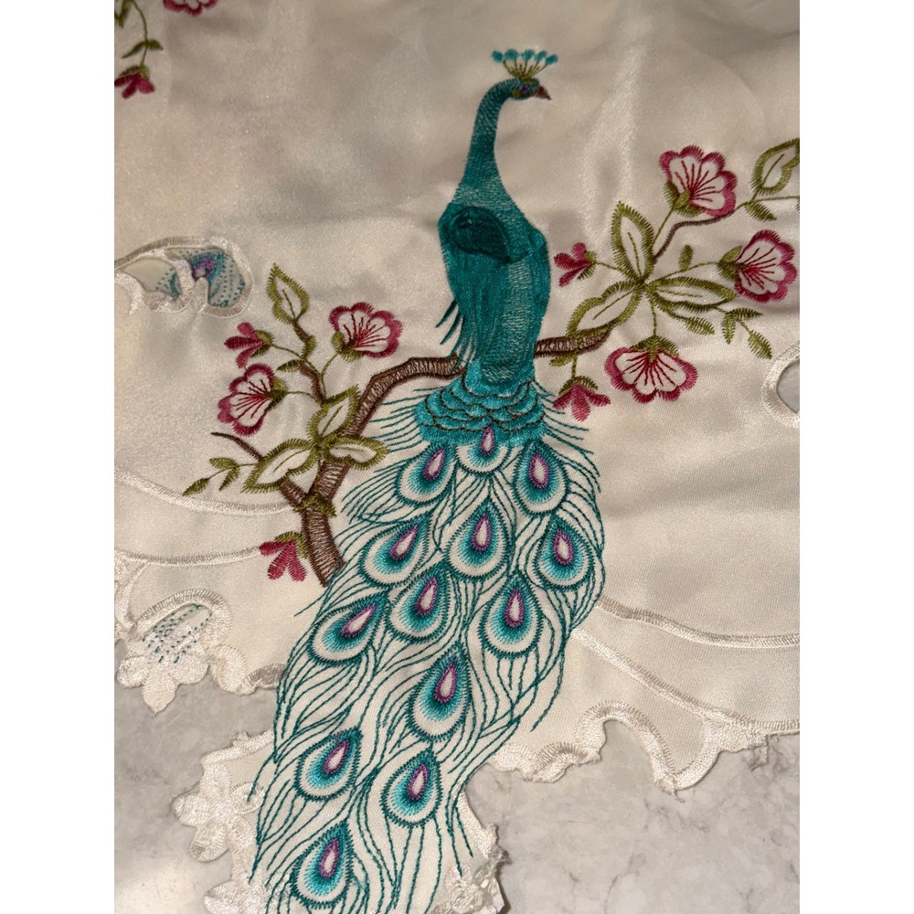 Collections Etc Peacock Floral Embroidered Tablecloth Square 33x33 Cottagecore